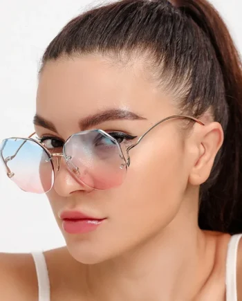 Iridescent Gradient Sunglasses – Blue Pink Rimless Octagon Shades for Women