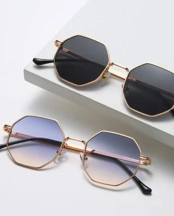 Geometric Gold Frame Sunglasses – Octagon Retro Shades with Black or Gradient Lenses